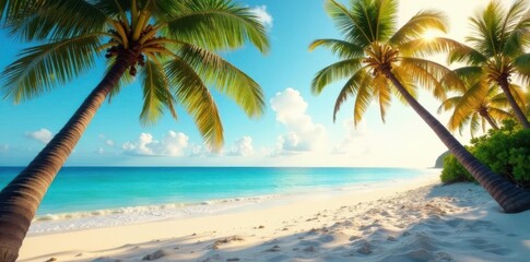 Palm trees sway gently in warm ocean breeze on a serene sandy beach,  vacation,  ocean