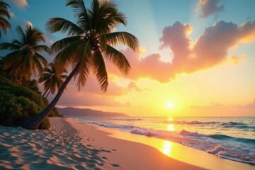 Palm trees sway gently in the warm ocean breeze on a serene sandy beach at sunset , film grain, , sand