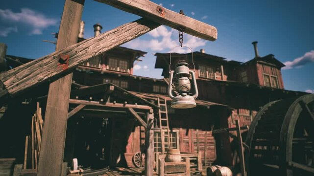 A weathered lantern swings gently from a wooden post in a historic western town. The background features aging buildings and a serene sky, evoking a nostalgic atmosphere.