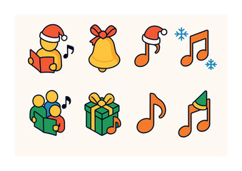 Obraz premium Festive christmas caroling icons set: holiday music and celebration symbols in vibrant style