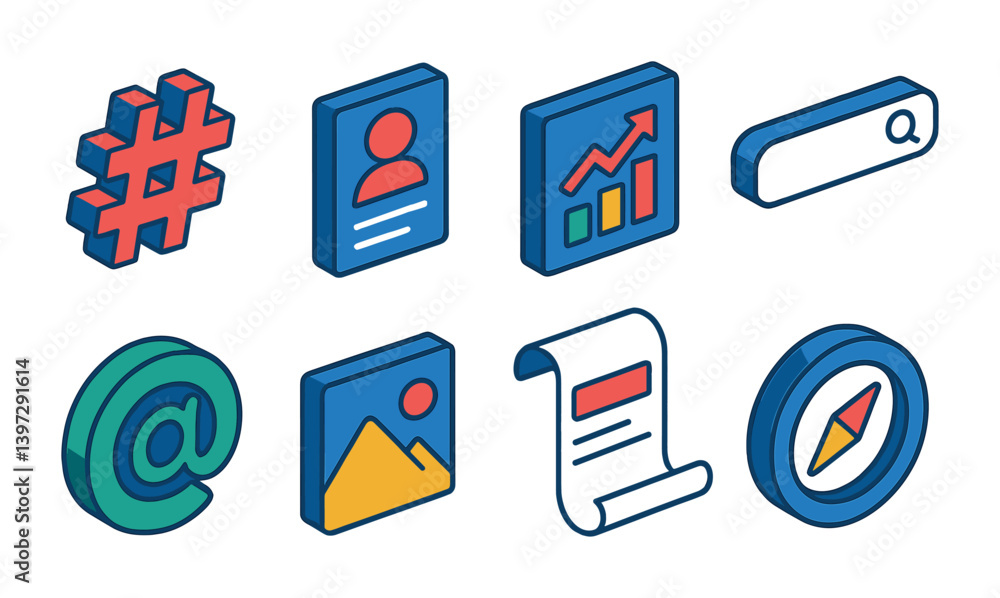 Poster social media and analytics icon set in 3d style