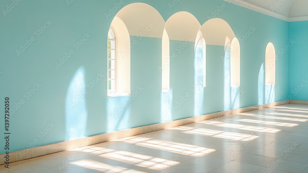 Poster sunlit arched windows casting shadows on blue wall and speckled floor creating a simple and modern a