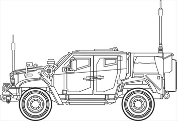 Icon of a combat armored off-road vehicle side view line black color, combat All-Terrain Vehicle.