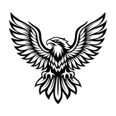Fototapeta premium Majestic Eagle Spreading Wings, Black and White Stylized Bird of Prey