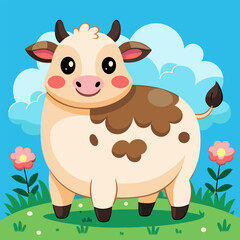 Unique vector composition with a cow surrounded by lush grass and wild flora
