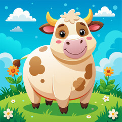 Cow with big eyes and fluffy fur against a bright summer sky
