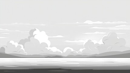 A grayscale landscape illustration of a serene shoreline.
