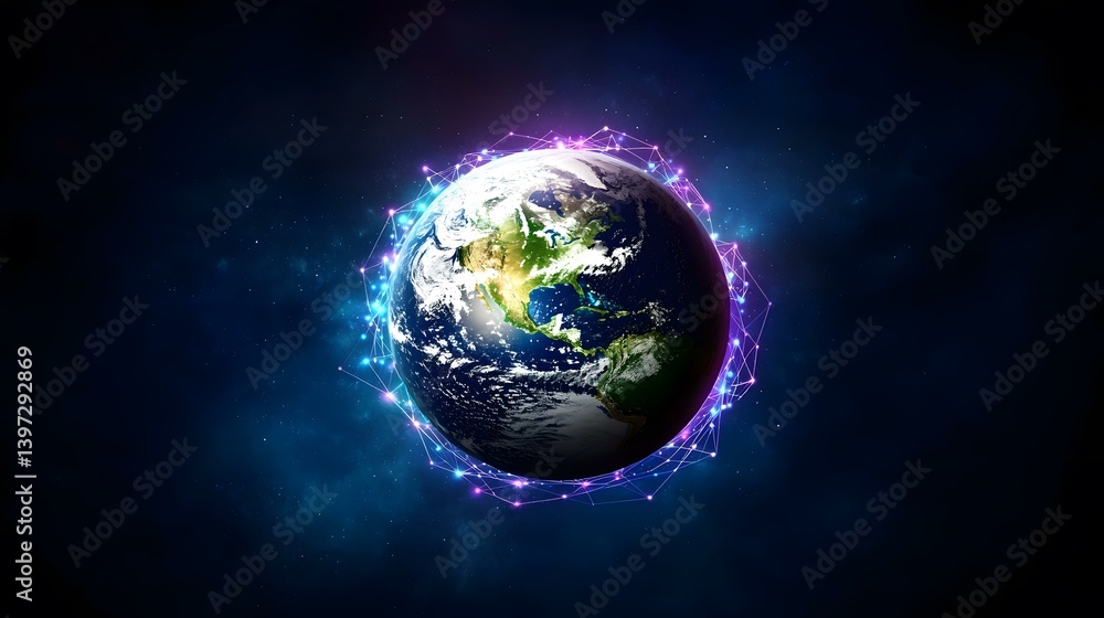Poster the image shows a digital rendering of planet earth, centered in the frame, surrounded by a glowing 
