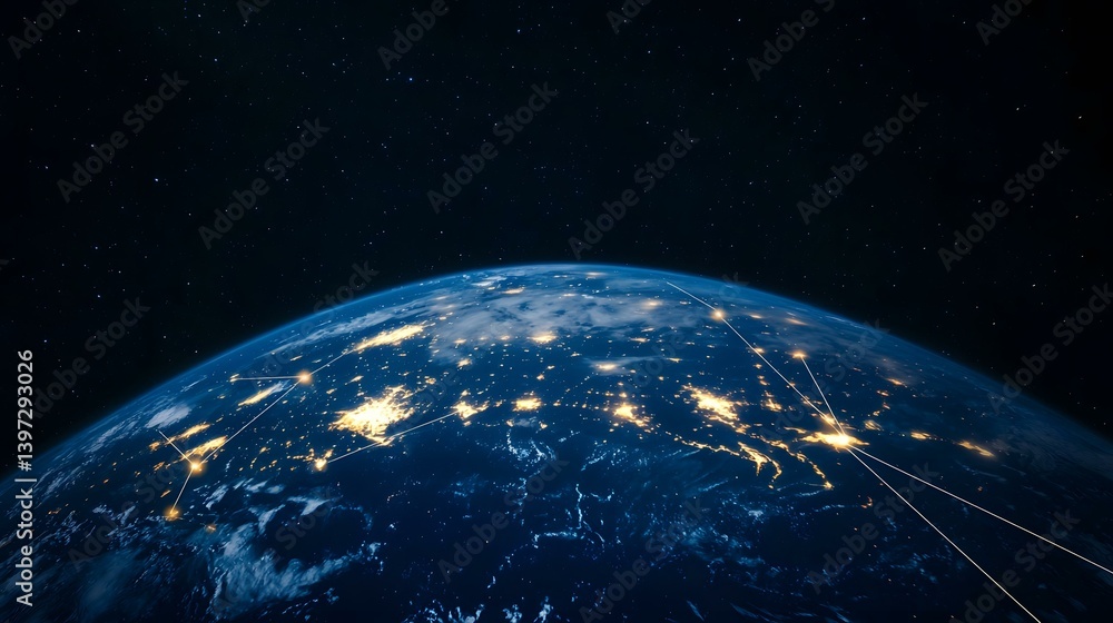 Aufkleber the image shows a nighttime view of earth from space, with illuminated city lights and lines connect