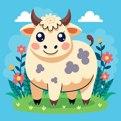 Playful cow with big eyes and soft outlines among green grass and flowers
