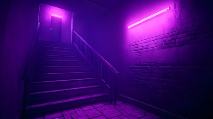 Mysterious Purple Staircase with Neon Lights in Dimly Lit Environment