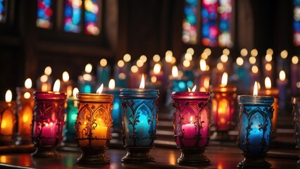 Lit candles of various sizes on a table with blurred stained glass windows and warm lighting in the background.