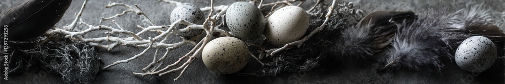 Poster nest with speckled eggs and feathers in a natural setting during daylight