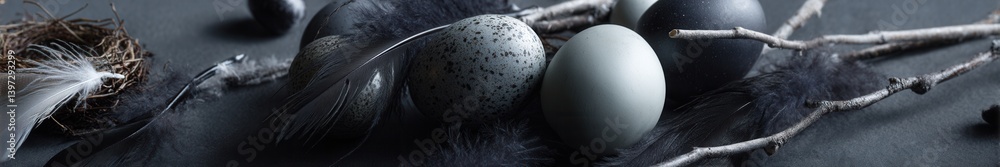 Poster decorative arrangement of eggs and feathers on dark surface with nature elements highlighting textur