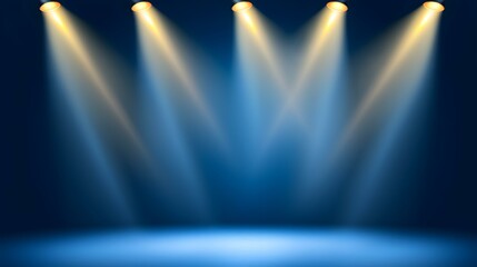 The image contains five spotlights shining down onto a dark blue stage.  The beams of light create a dramatic and atmospheric effect.