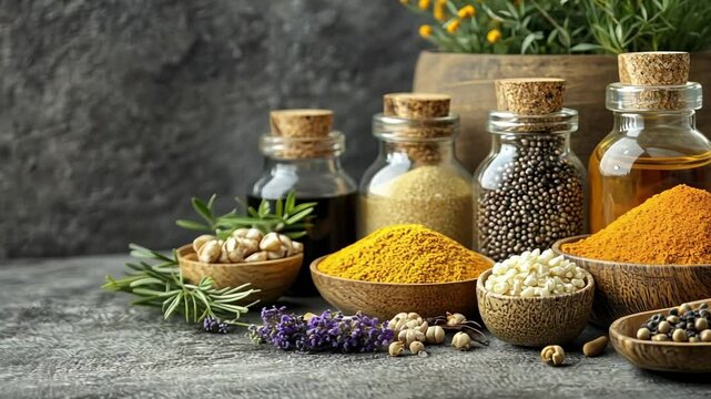 Aromatic Spices and Herbs Collection on Rustic Background