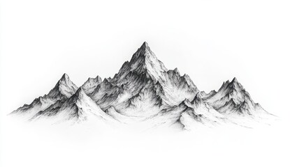 Majestic Black and White Mountain Landscape Illustration with Detailed Peaks and Snow-Capped Summits