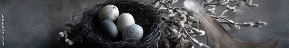 Aufkleber three beautifully speckled eggs resting in a nest surrounded by delicate twigs and a soft feather in