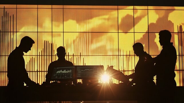 Silhouette of Business People Working Against Vibrant Background
