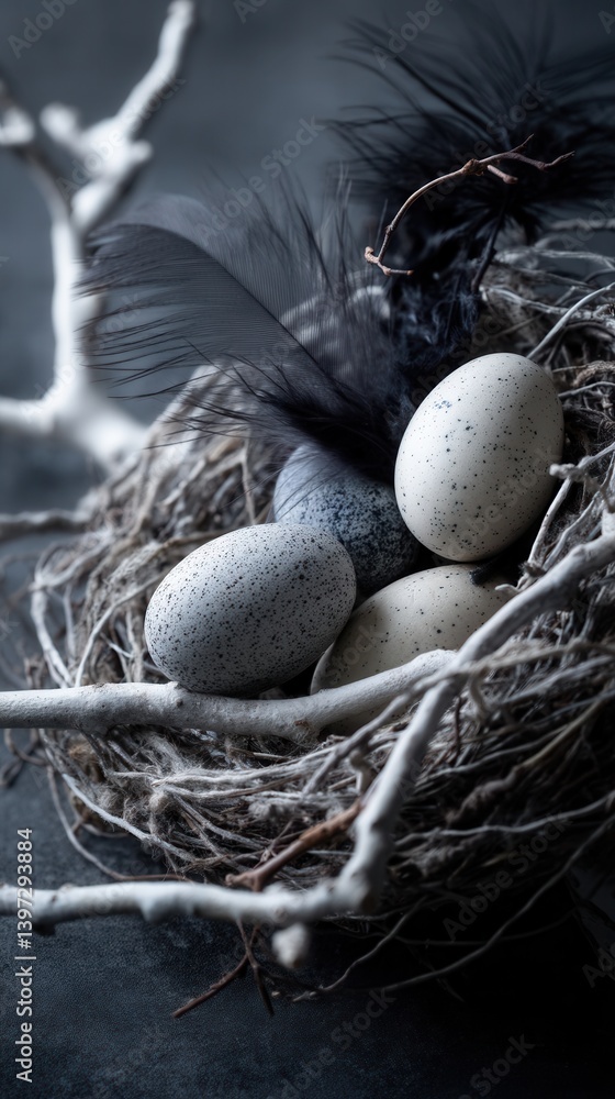 Poster nest filled with speckled eggs and feathers resting on branches in a serene indoor setting during th