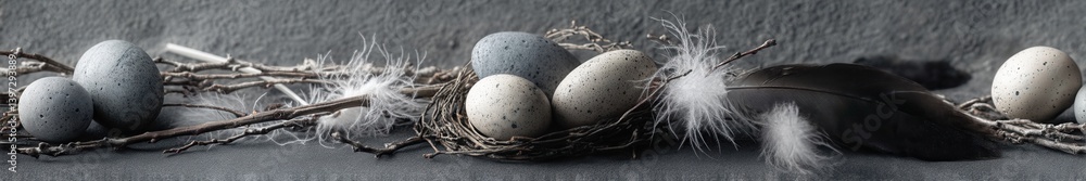 Aufkleber collection of delicate eggs nestled in a natural nest with feathers on a textured surface