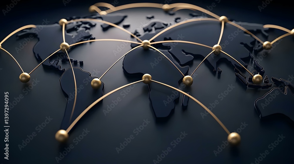 Aufkleber a dark-toned three-dimensional model of the world is interconnected by a network of golden lines and