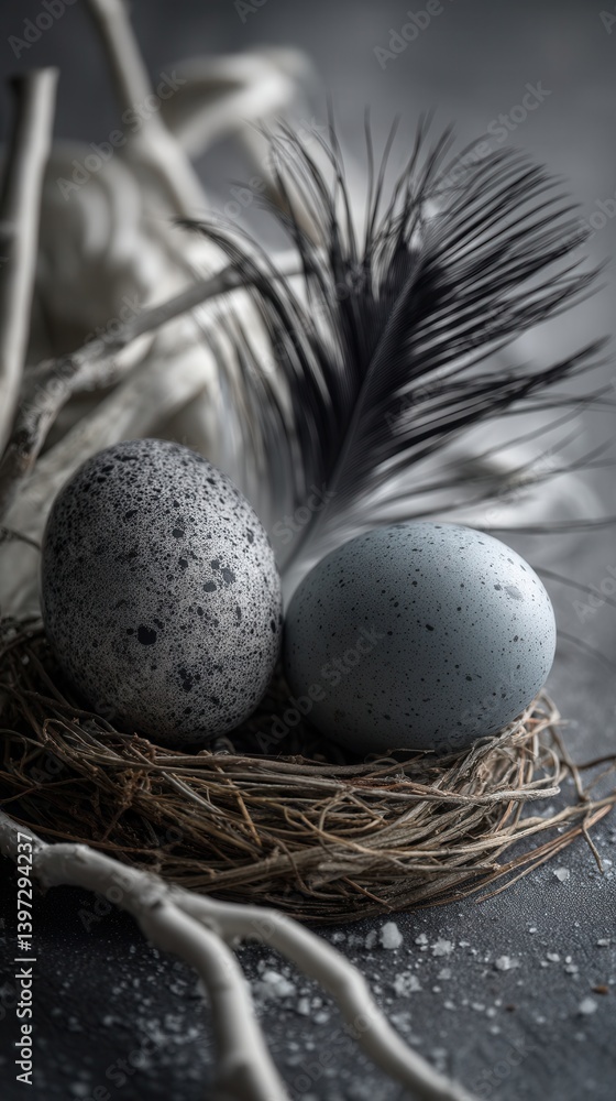 Poster two speckled eggs resting in a nest with a dark feather against a textured background in subtle ligh