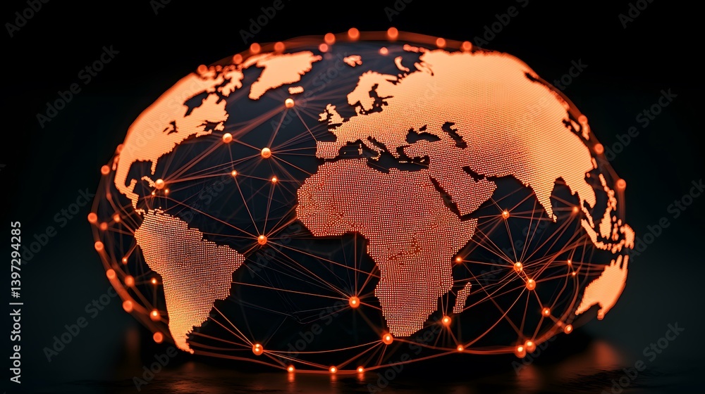 Aufkleber a glowing orange, three-dimensional world map is connected by a network of illuminated lines, symbol