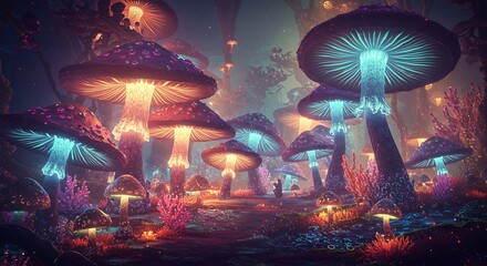 Naklejka premium Glowing Mushroom Forest at Night Digital Pixel Art