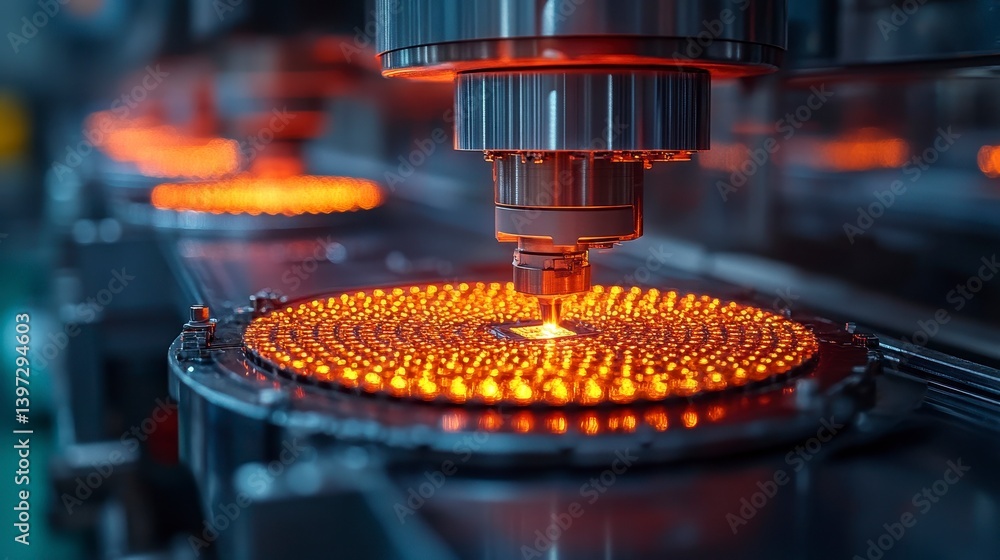 Poster precision machine with orange glowing circular element, industrial process