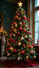 Ornate Christmas tree adorned with glass balls, ribbons, and garlands, Sparkling Colors, Winter Beauty, Seasonal Foliage