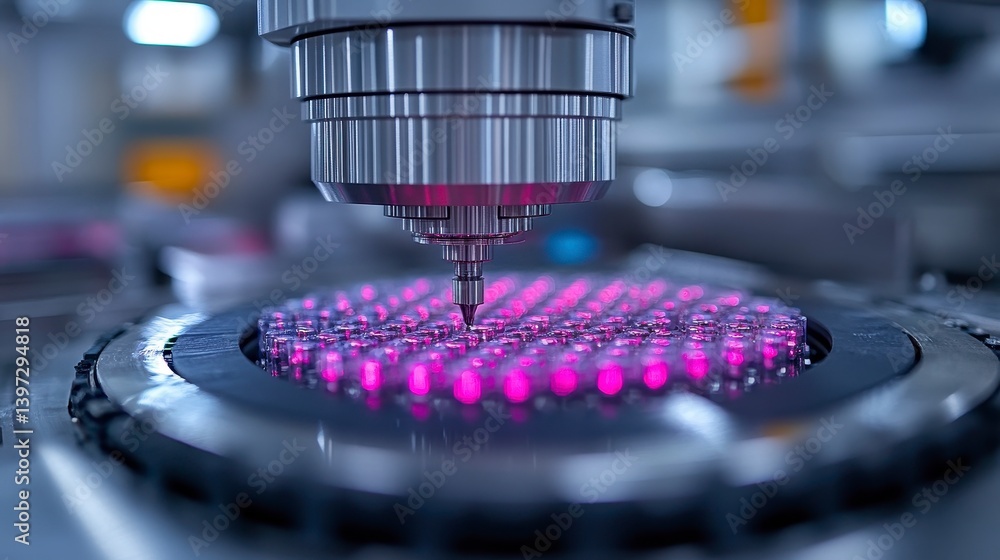 Aufkleber precise machinery with pink light analyzing a patterned surface in a factory