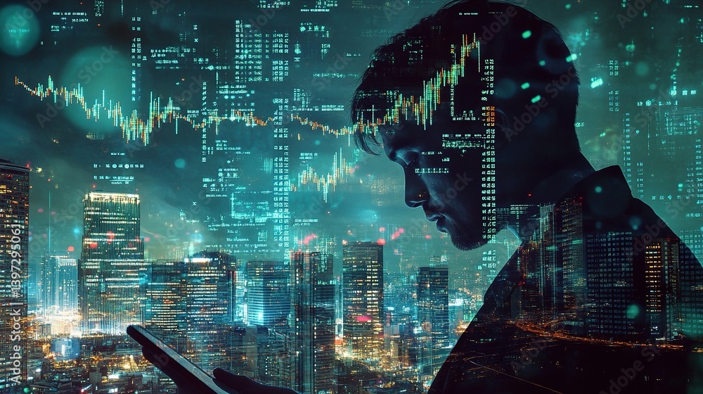 Poster financial market analysis with trader using digital tools at night