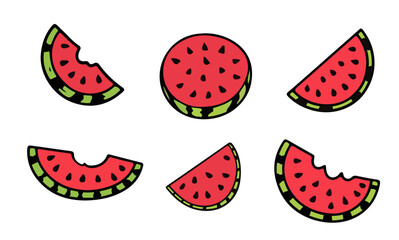 Cartoon watermelon collection. Funny watermelon slices. Cute fruity summer party. Vector set of watermelon comics. Illustration of fruity watermelon, sweet and healthy