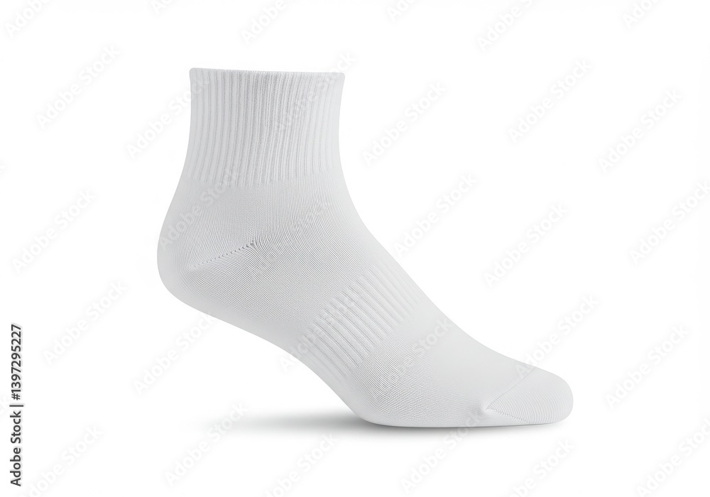 Poster side view of single white ankle sock isolated on a plain background emphasizing texture and design