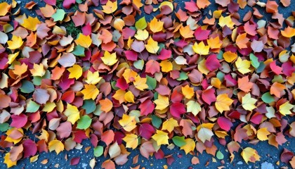 Fallen Leaf Mosaic A colorful mosaic made from various leaves piled together on the ground, showcasing all the colors of the season.