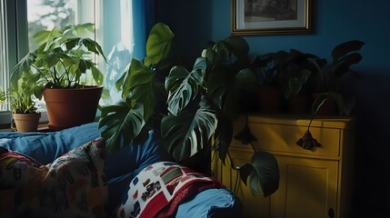 Bright Blue Wall with Green Plants and Cozy Sofa in Natural Light