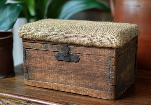 Rustic wooden box with burlap lid displayed on wooden table with greenery background in cozy home setting