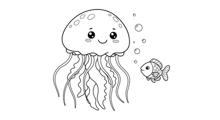 Friendly Jellyfish Character with Happy Expression Hovers by Inquisitive Little Fish amidst Bubbles Art