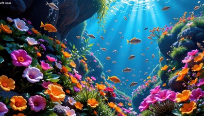 Underwater Bloom A vibrant underwater garden where flowers have evolved to thrive beneath the waves, surrounded by colorful fish.