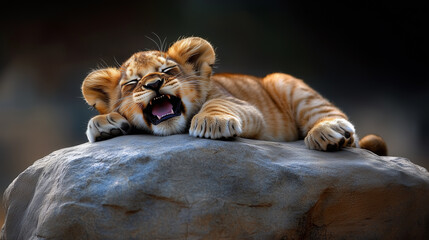 Sleepy Lion Cub Yawning Widely While Resting on Grey Rock