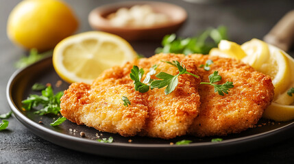 Delicious breaded chicken on a plate with lemon garnish