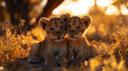 Obraz premium Affectionate Lion Cubs Cuddling Together in Golden Sunset Light