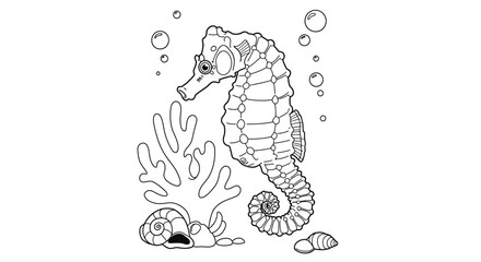 Naklejka premium Graceful Seahorse Anchored to Coral Piece via Tail Amidst Seashells and Drifting Bubbles Marine Detail