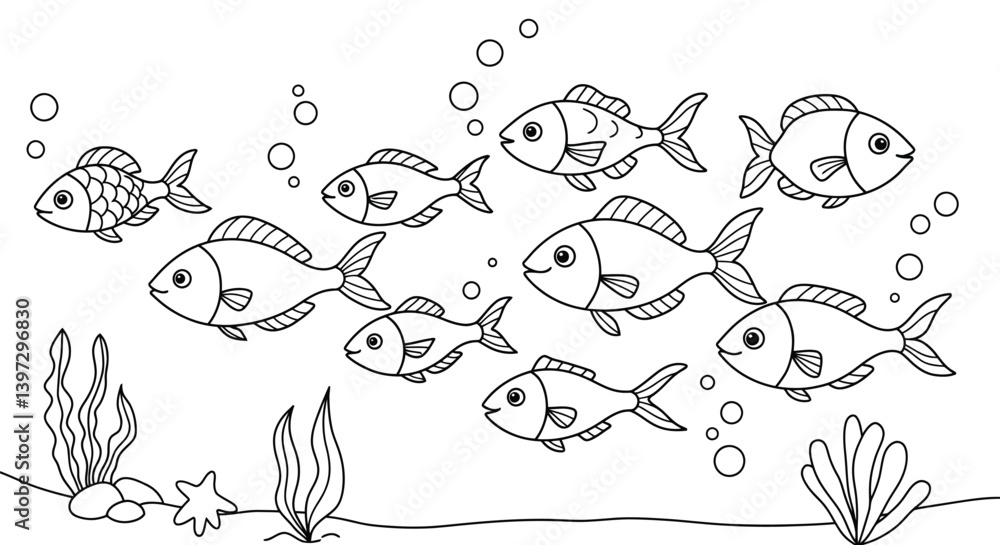 Poster group of assorted small fish navigating waters with bubbles and decorative seaweed strands underwate