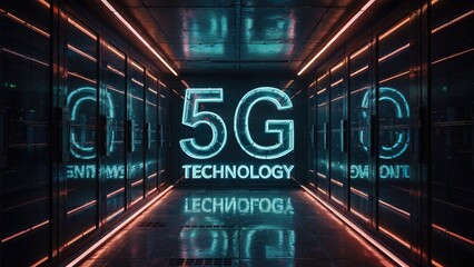 Glowing 5g symbol illuminates modern data center, representing high speed connectivity and technological advancement in telecommunications infrastructure.
