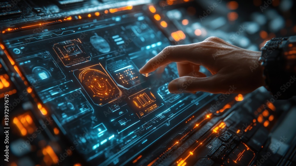 Poster close up of a man using a futuristic glass tablet with augmented reality to control smart home devic