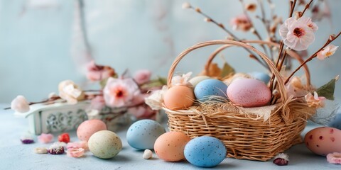 Obraz premium Easter celebration with colorful eggs arranged in a basket surrounded by flowers on a pastel background