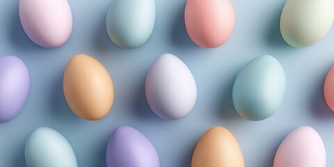 Colorful pastel eggs arranged on a soft blue background for spring celebration or Easter decoration