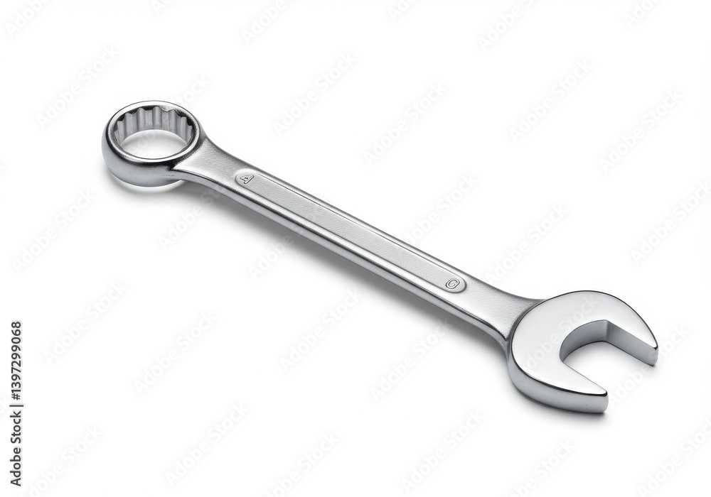 Poster shiny metal wrench with open end and ring side on a plain white surface viewed at an angle